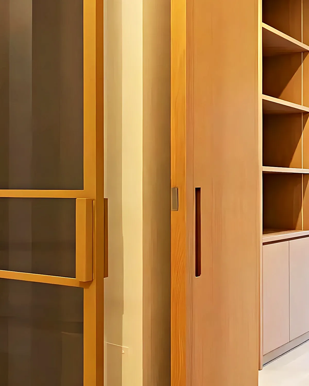 Cristalera de perfil dorado y librería a medida en un proyecto de interiorismo en Vilanova i la Geltrú