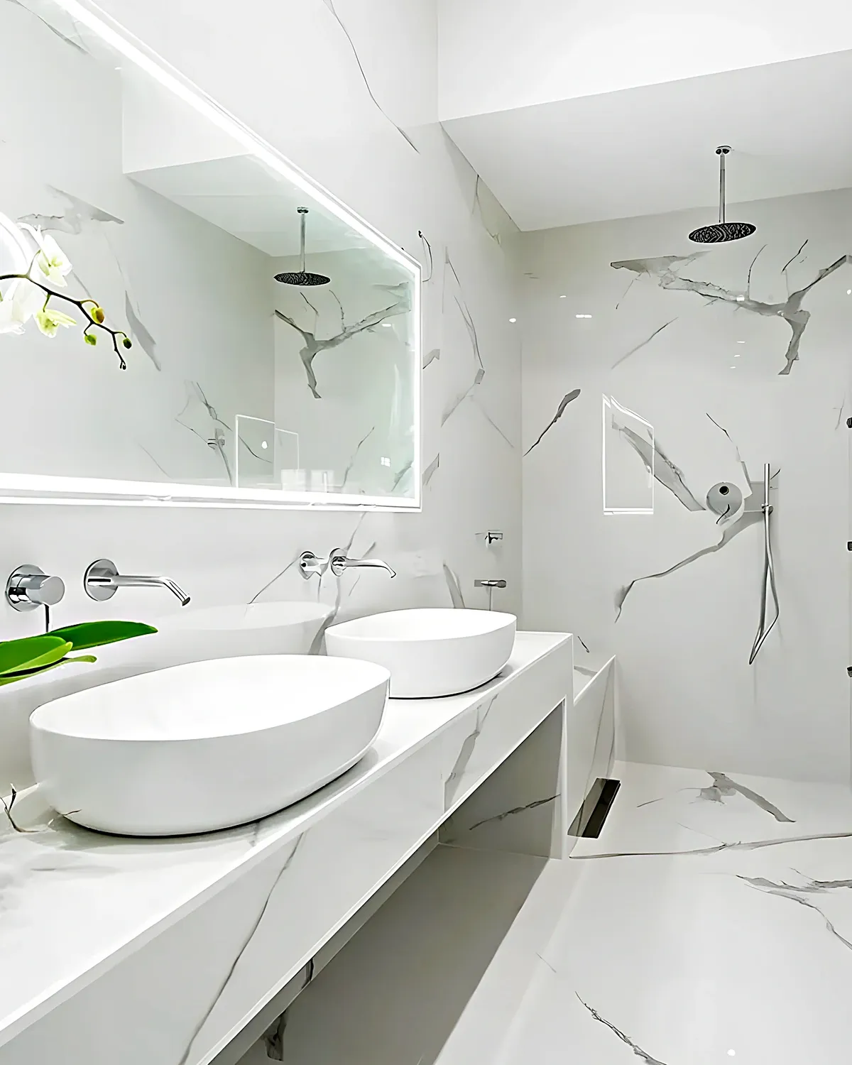 Baño con doble lavabo sobre mármol calacatta y ducha acristalada en una casa de Ribes Roges, Vilanova