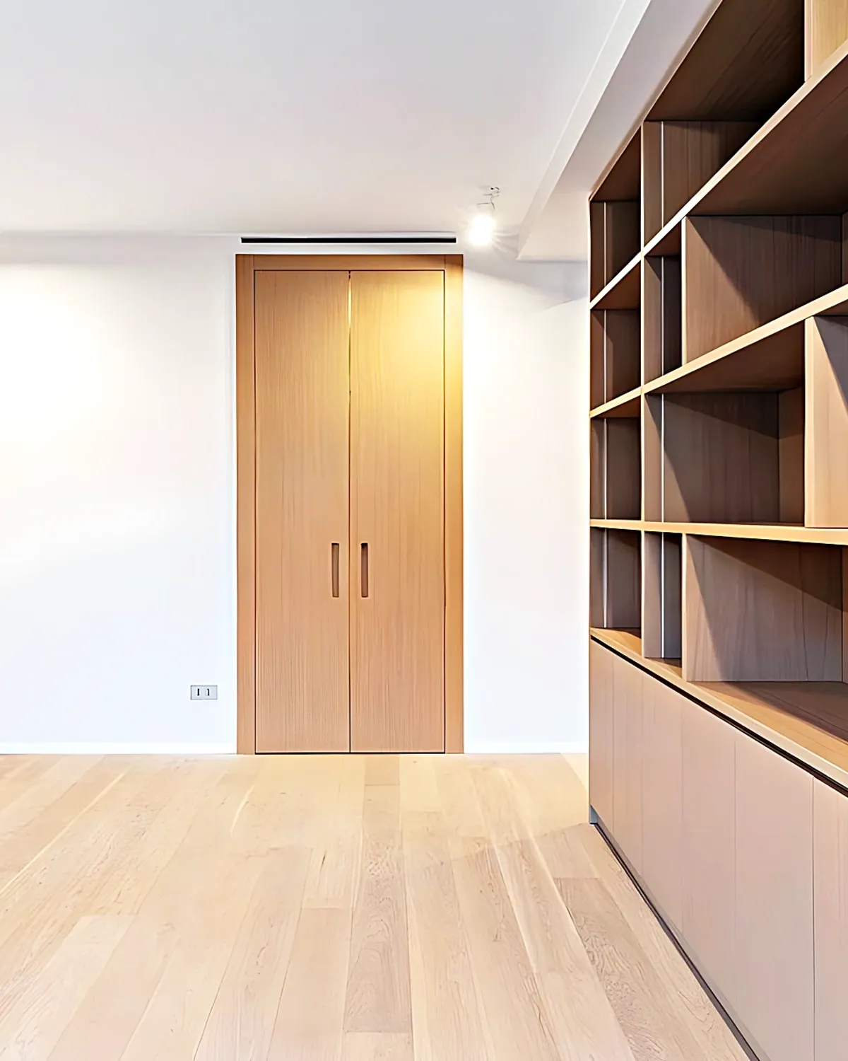 Librería a medida de suelo a techo con puertas de madera en una vivienda del Aragai, Vilanova